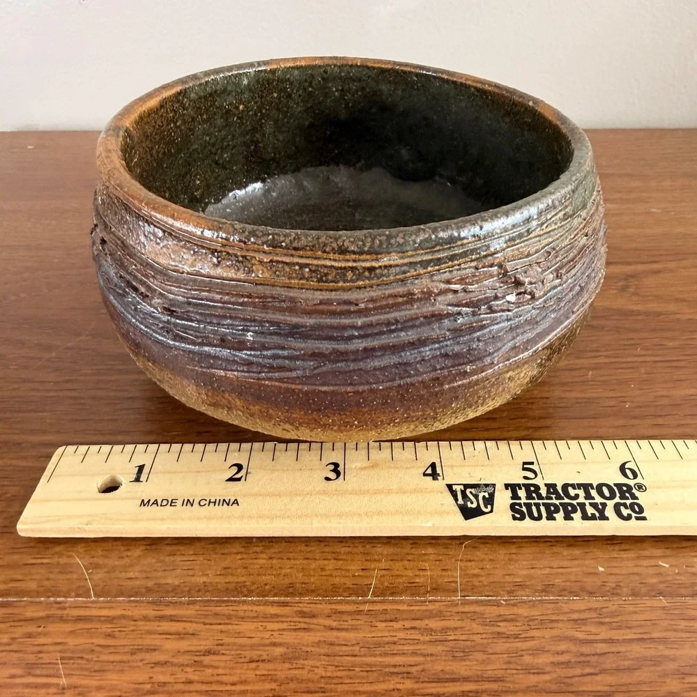 Signed Studio Art Pottery Bowl Rustic Hand Thrown Brown Green Stoneware 6 Inch
